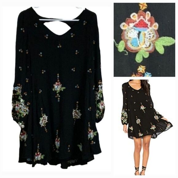 Free People Black Embroidered Shift Dress Bohemian Long Sleeve Gauze Flowy Swing - Picture 1 of 10